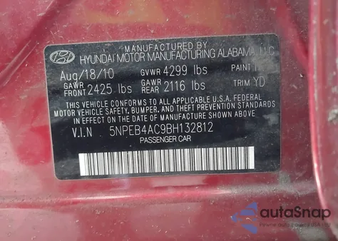 2011 Hyundai Sonata Gls from USA, damaged, VIN 5NPEB4AC9BH132812